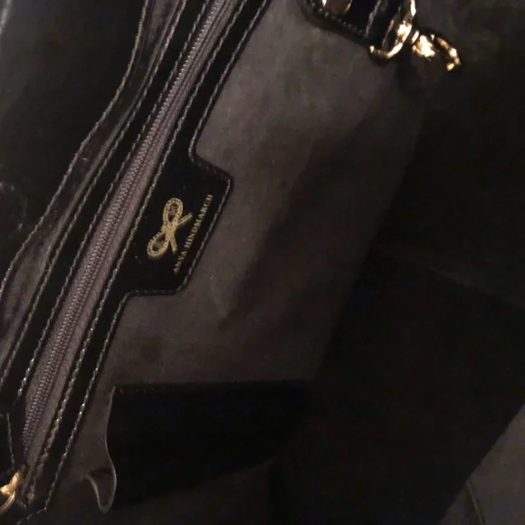 Beautiful Anya Hindmarch black quilted patent leather logo tote bag with strap
